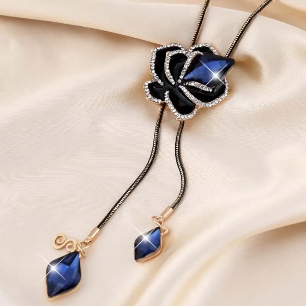 BLACK ROSE WITH BLUE CRYSTAL LONG NECKLACE